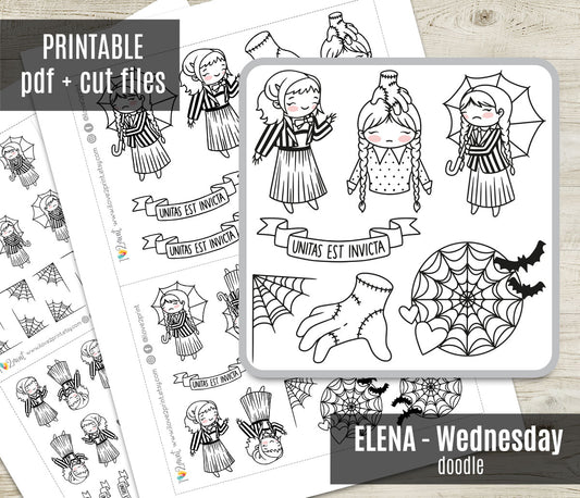 Wednesday TV Show Fan Art – DOODLE Printable Planner Stickers (Elena Style) – PDF + Cut Files