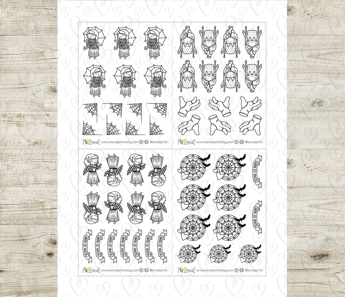 Wednesday TV Show Fan Art – DOODLE Printable Planner Stickers (Elena Style) – PDF + Cut Files