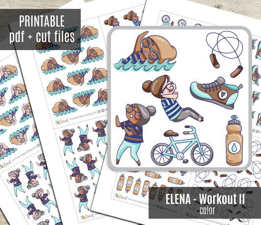 Elena Workout Set 2 – COLOR Printable Planner Stickers – Swimming, Dance, Sit-Ups & Gear – PDF + Cut Files