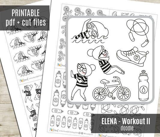 Elena Workout Set 2 – DOODLE Printable Planner Stickers – Swimming, Dance, Sit-Ups & Gear – PDF + Cut Files