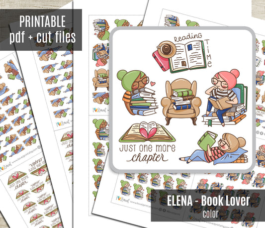 Elena Book Lover – COLOR Printable Planner Sticker | Cozy Reading Sticker – PDF + Cut Files – Instant Download