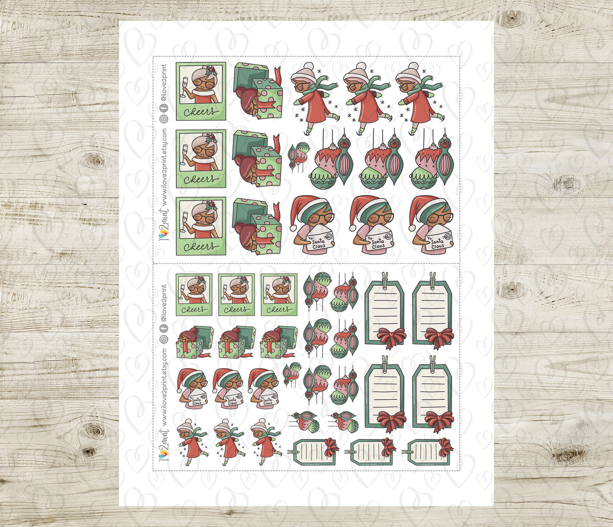 Elena Christmas Time Printable Color Stickers | 2 Skin Tones | Cut Files