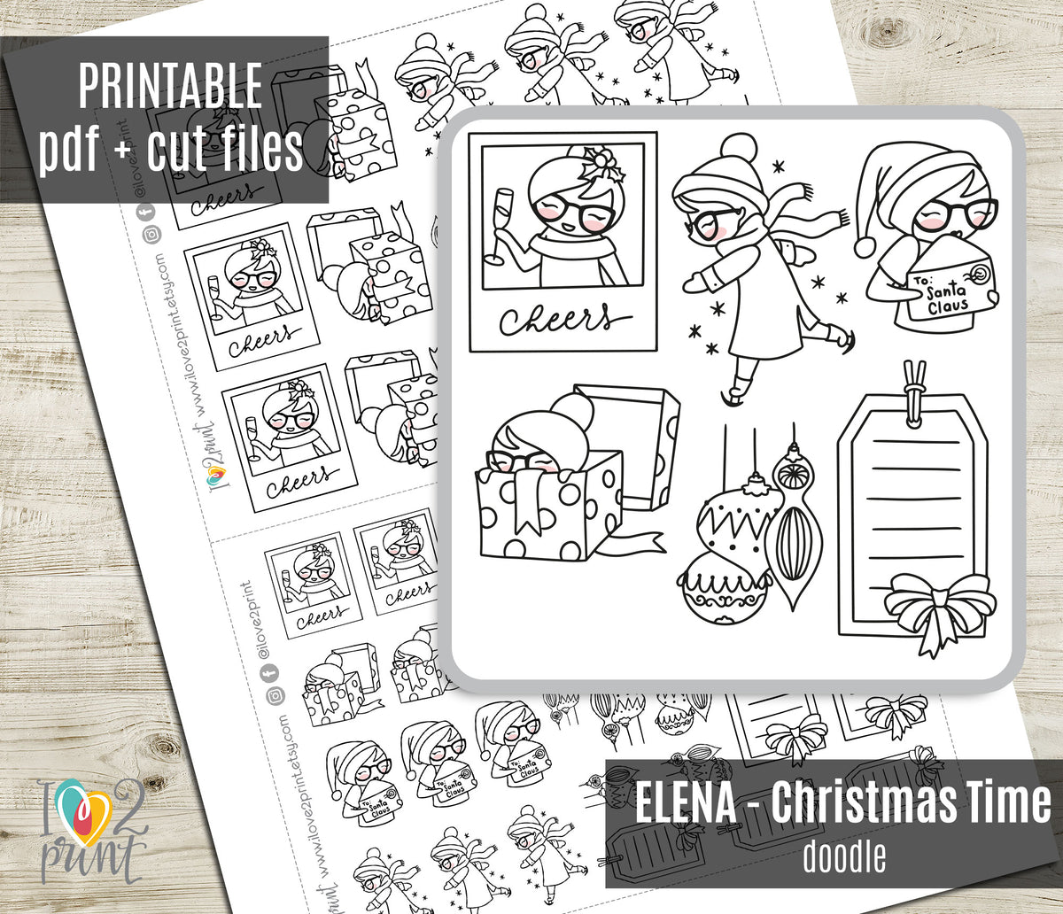 Elena Christmas Time Printable Stickers Outline | Color In | Cut Files