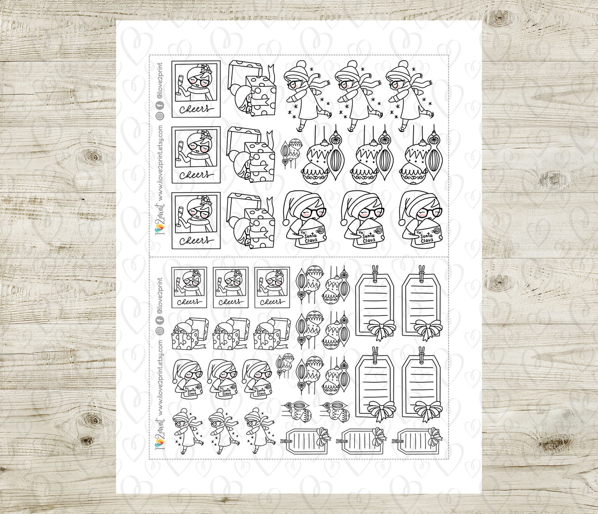 Elena Christmas Time Printable Stickers Outline | Color In | Cut Files