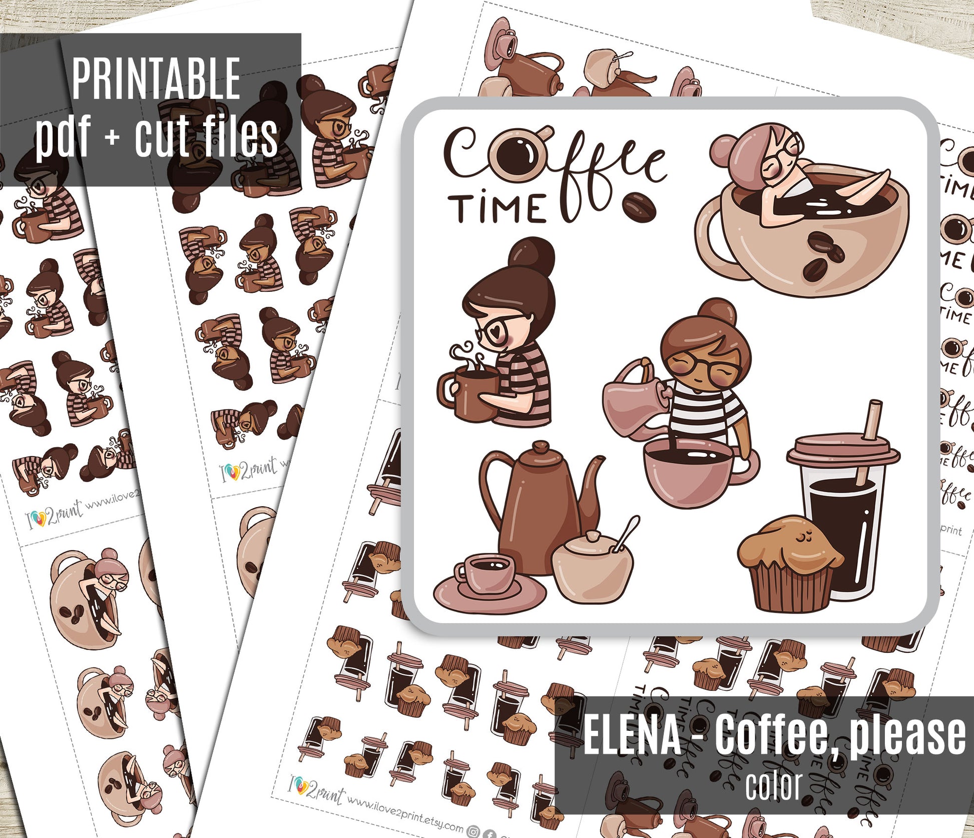 Sticker sheet with coffee-themed design featuring a girl and coffee-related items, labeled 'Coffee Time' and 'Elena - Coffee, please'.
