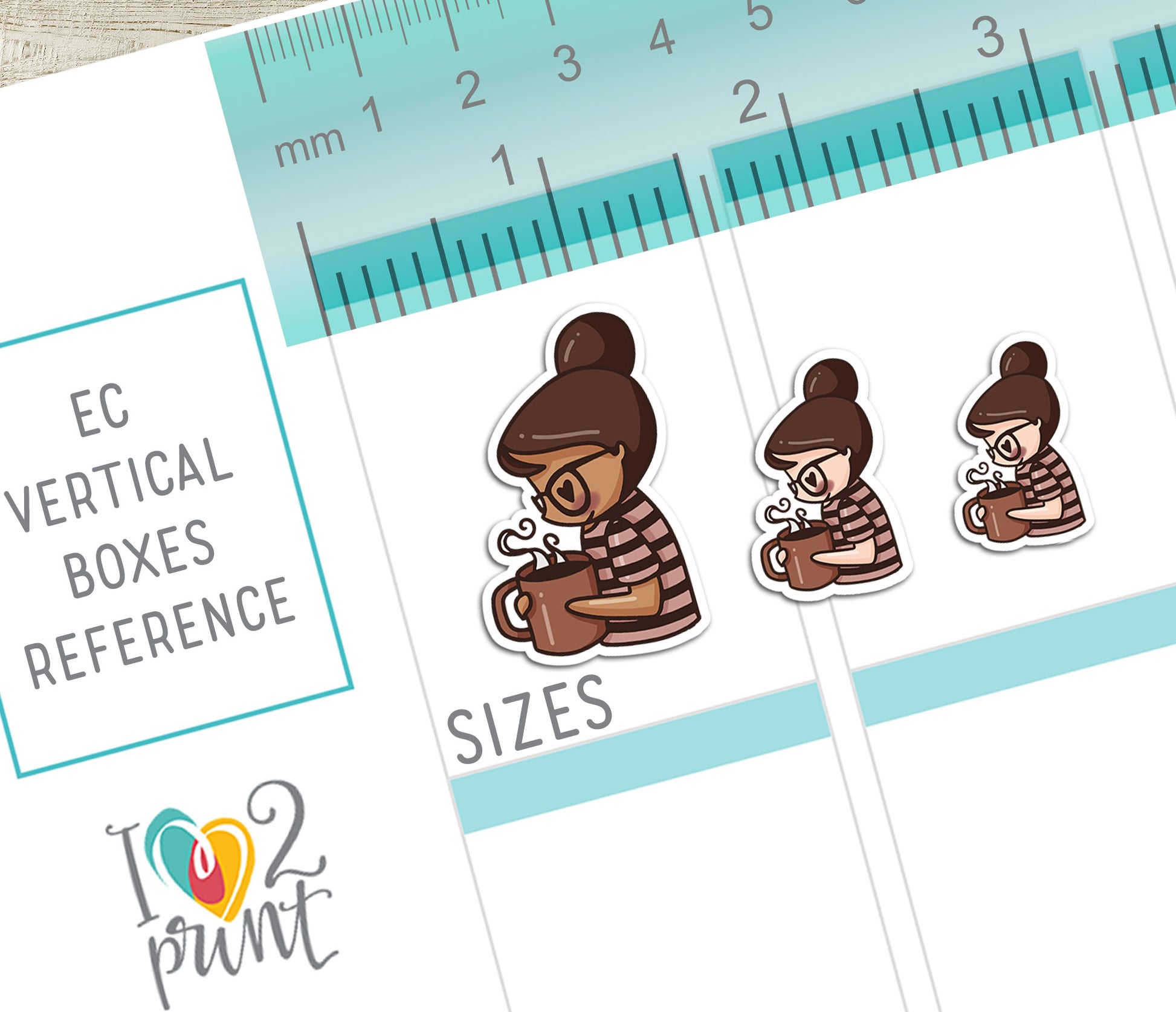 Vertical Planner page with 3 size stickers of a planner girl with a striped shirt holding a cup on a white background.