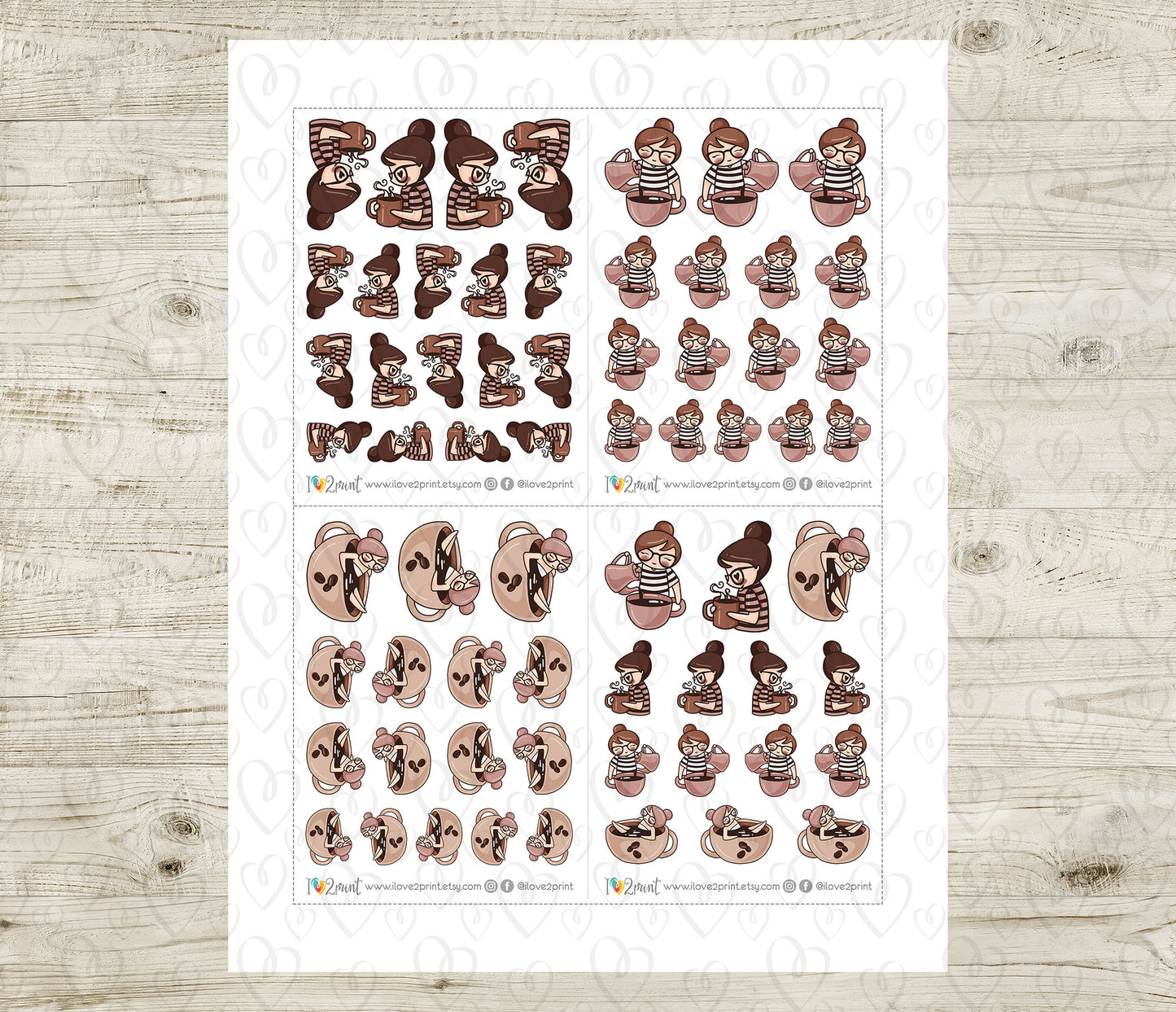 Sheet of illustrated character stickers coffee themed on a wooden surface