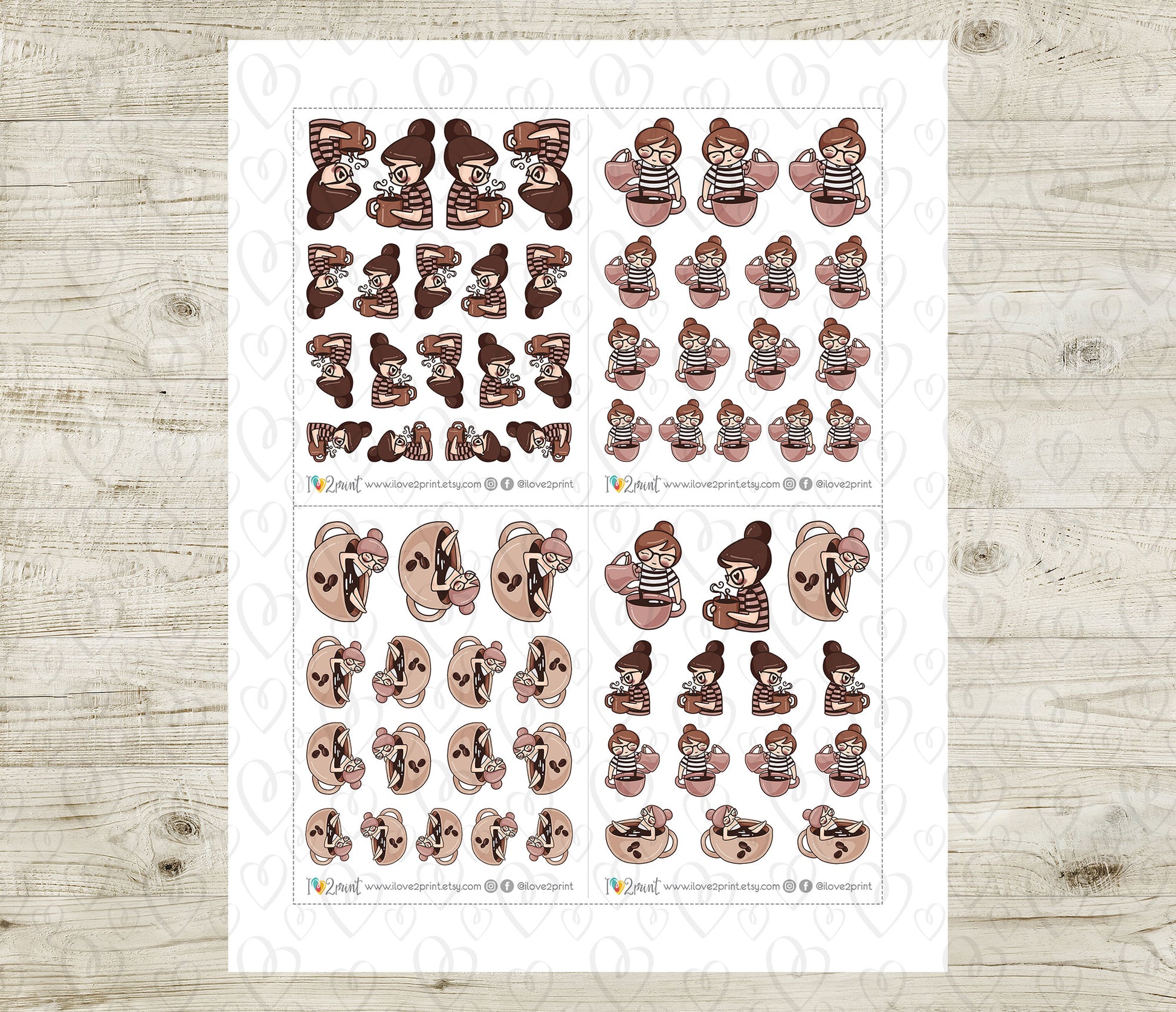 Sheet of illustrated character stickers coffee themed on a wooden surface