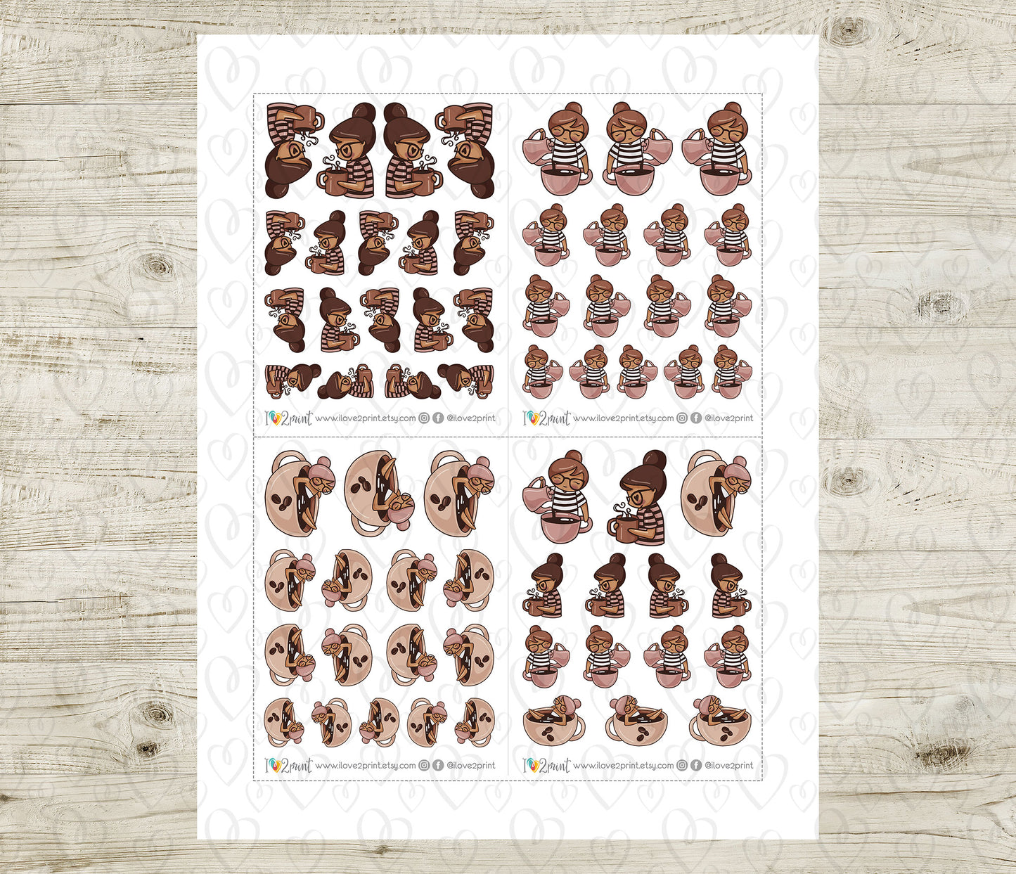 Sheet of decorative stickers with various designs on a wooden surface