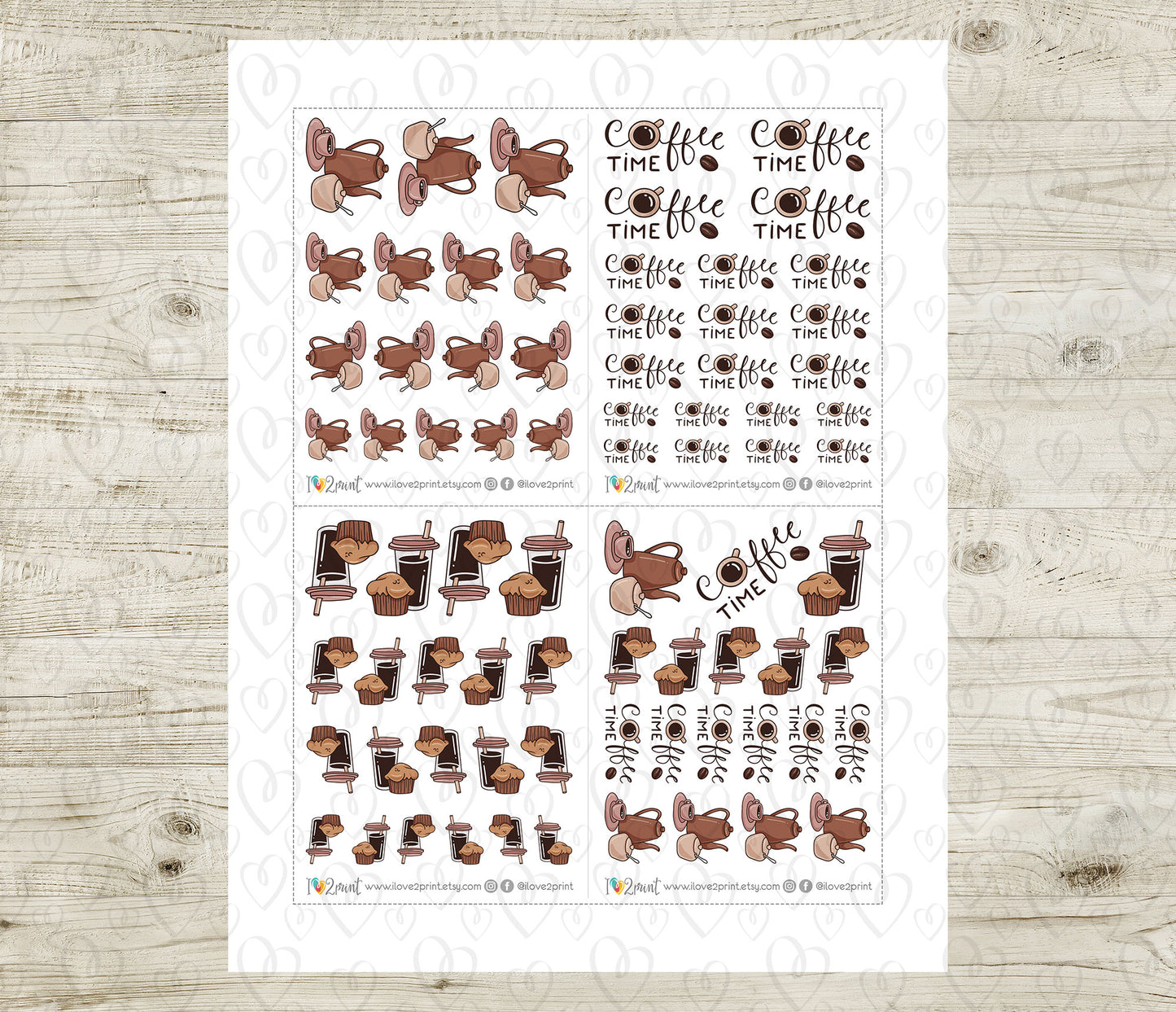 Sheet of planner stickers with coffee-themed designs on a wooden surface