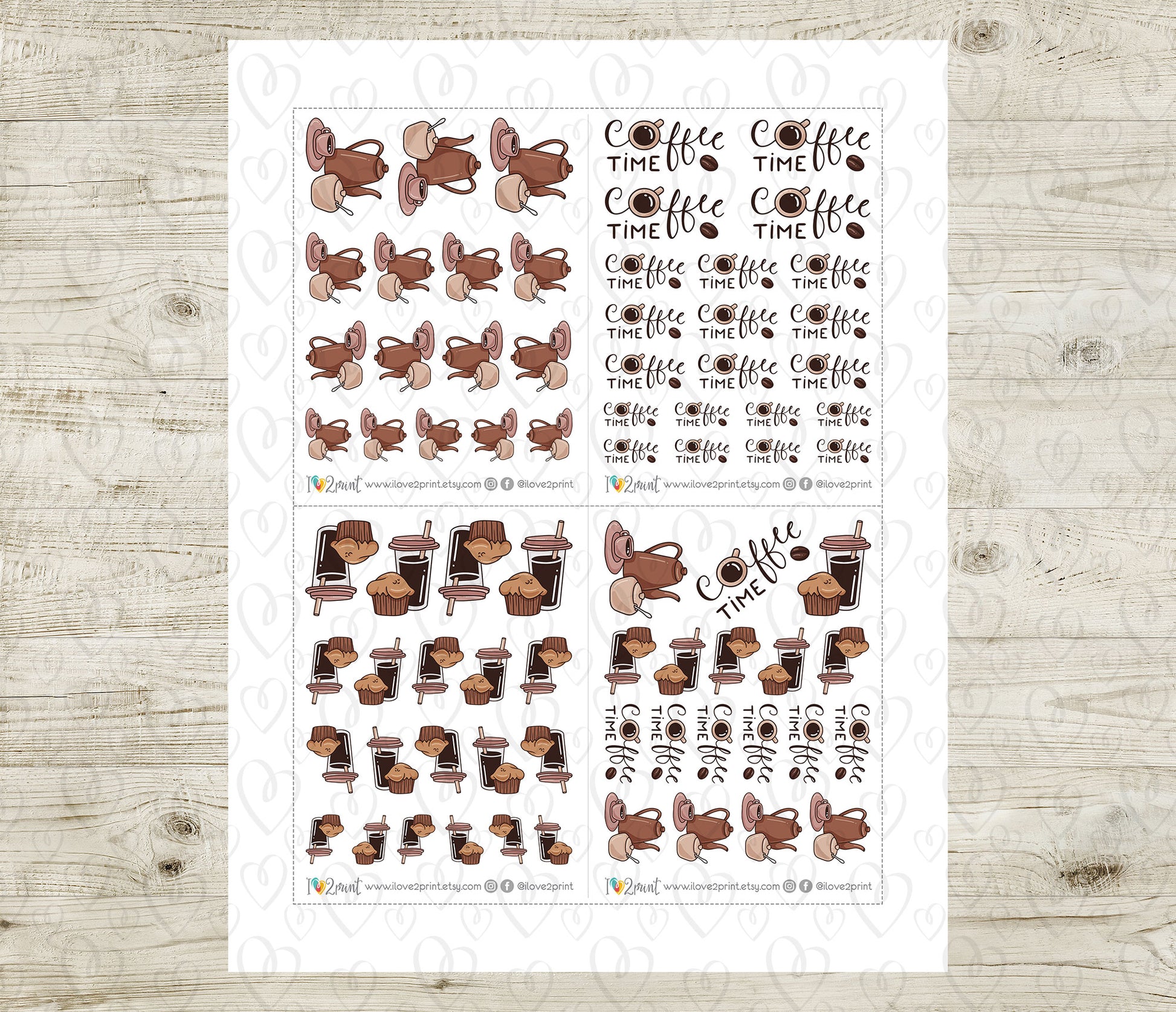 Sheet of planner stickers with coffee-themed designs on a wooden surface