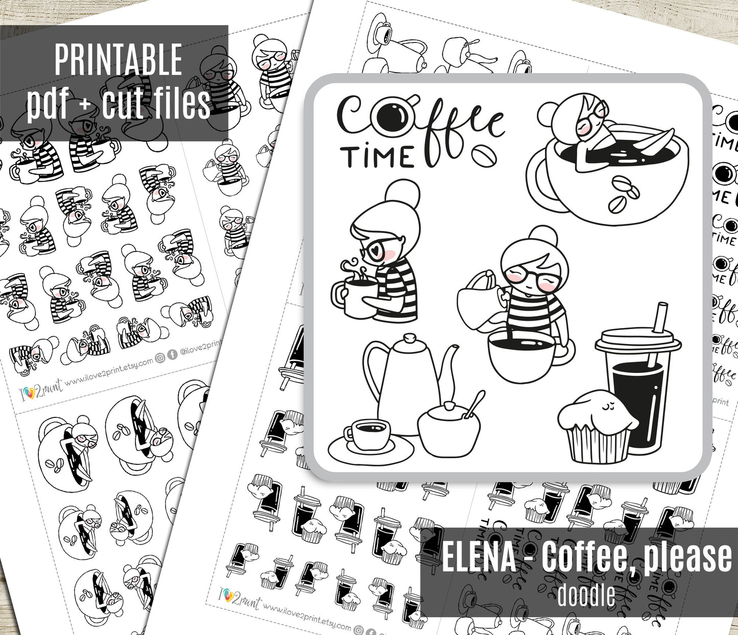 Black and white doodle designs of a girl character with coffee-themed elements on a white background.