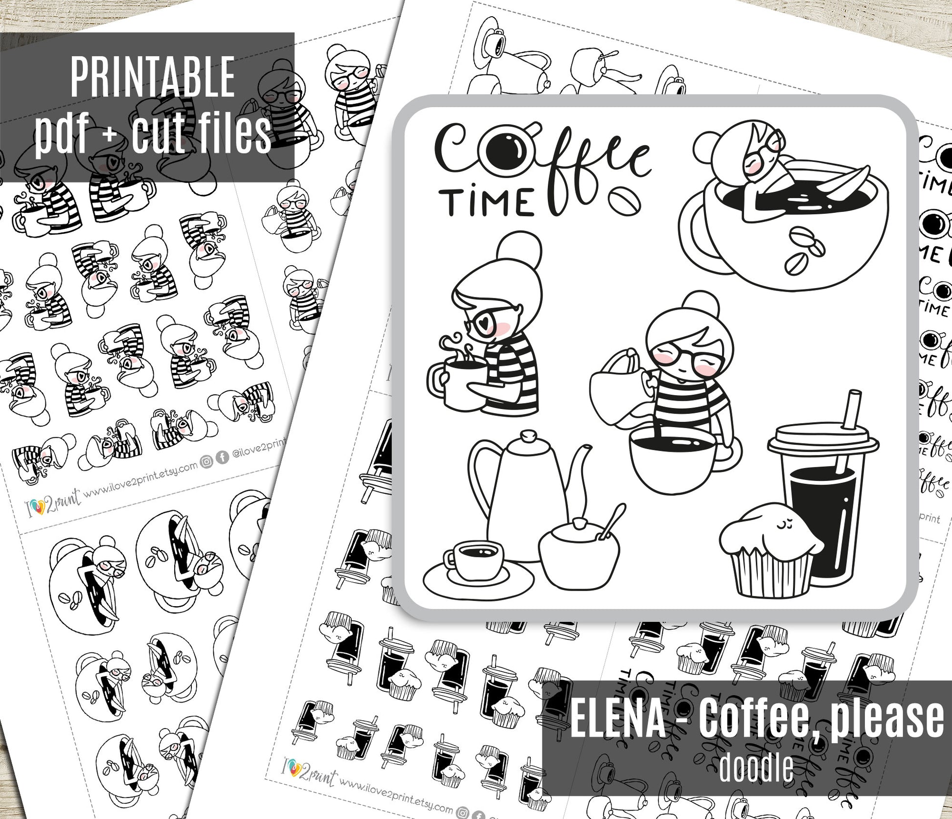 Black and white doodle designs of a girl character with coffee-themed elements on a white background.