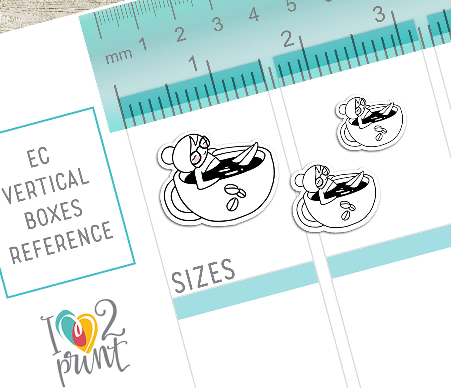 Vertical planner page with 3 size stickers featuring a girl relaxing inside a coffee cup