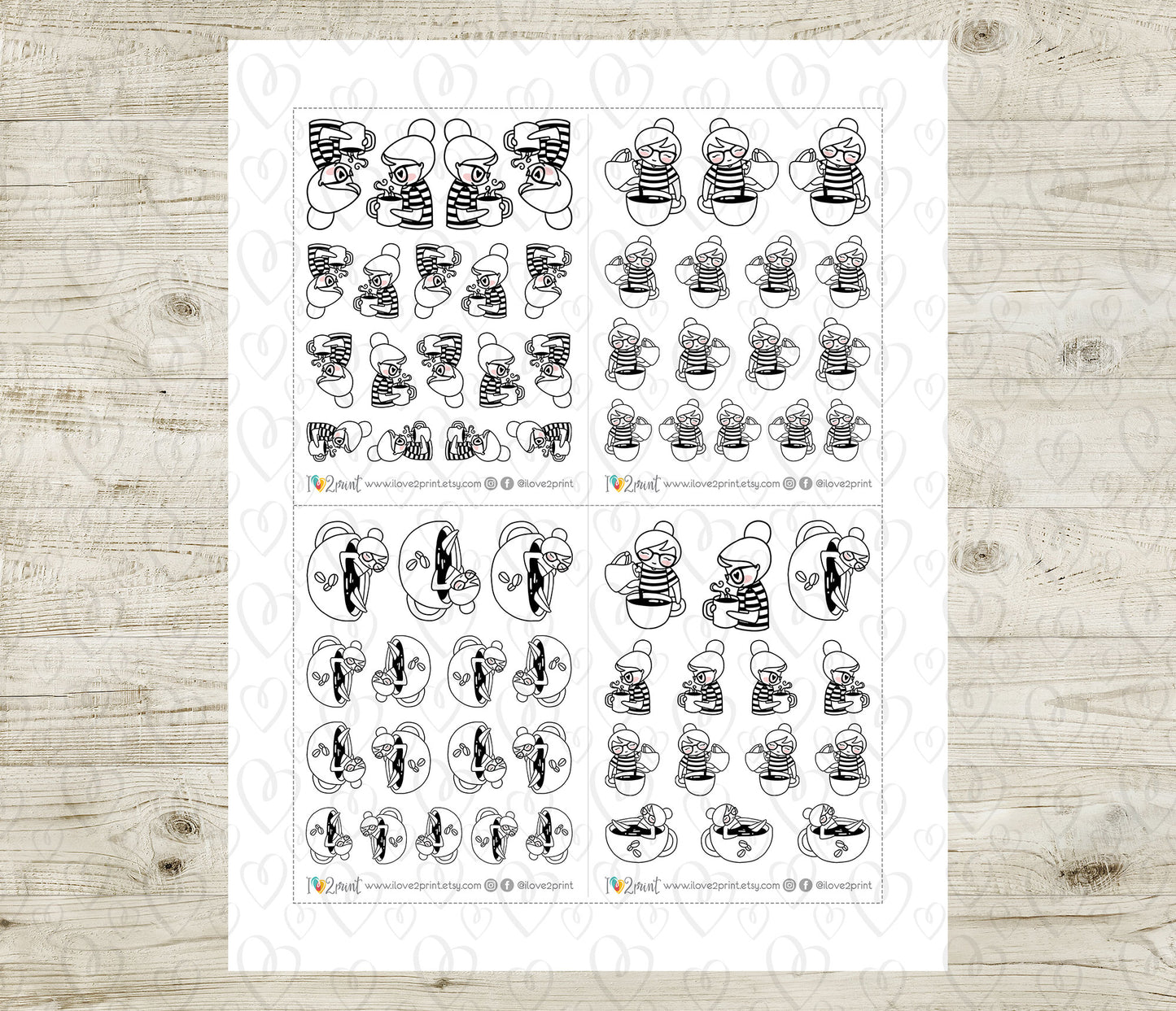 Sheet of black and white coffee stickers on a wooden surface
