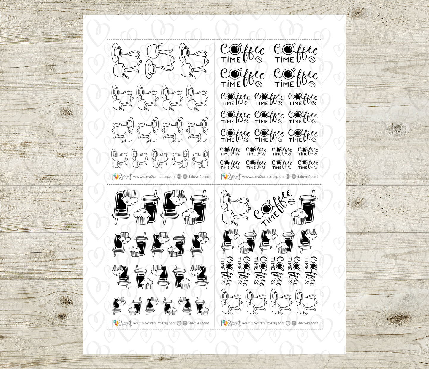 Sheet of coffee-themed planner stickers on a wooden surface