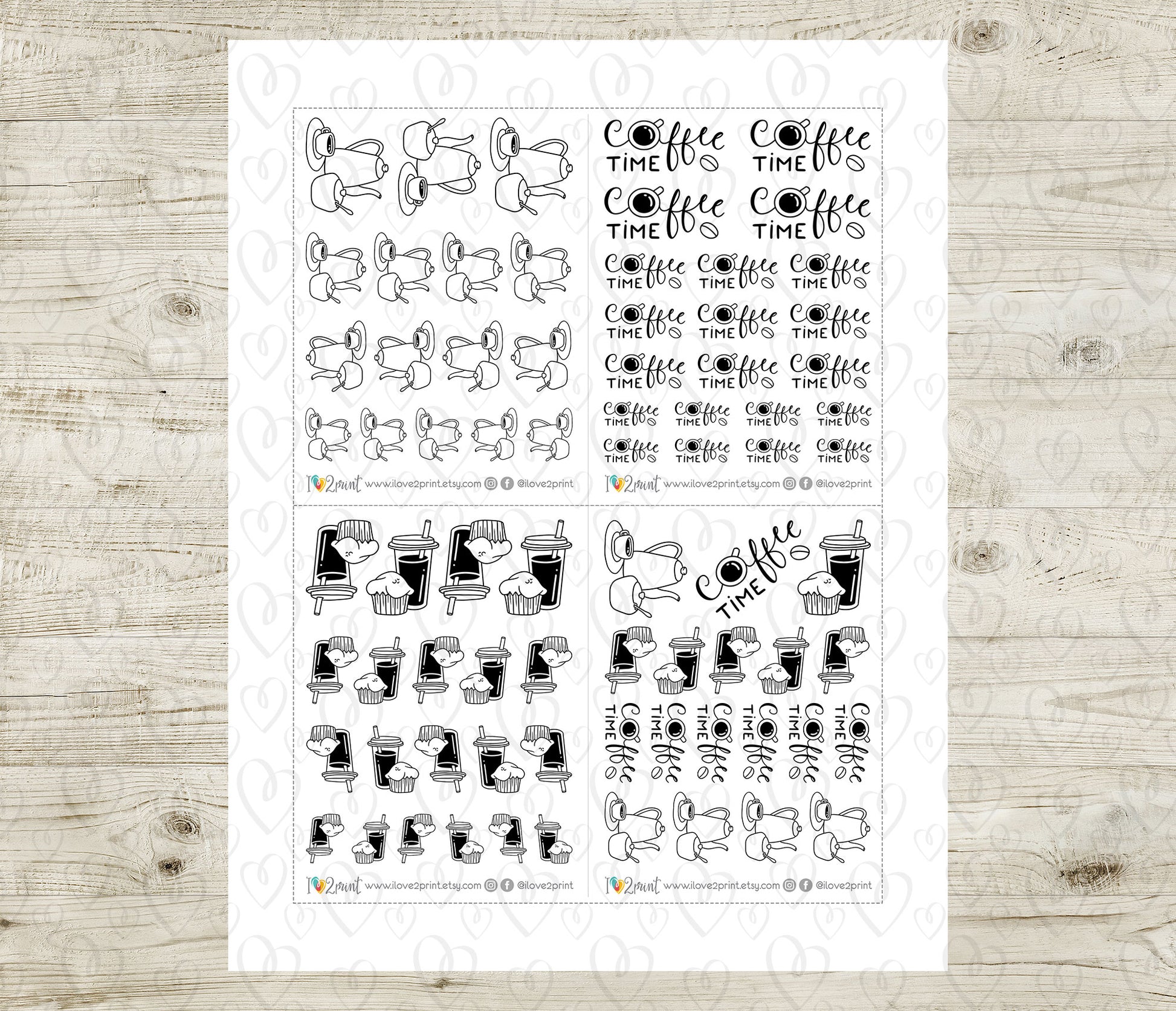 Sheet of coffee-themed planner stickers on a wooden surface
