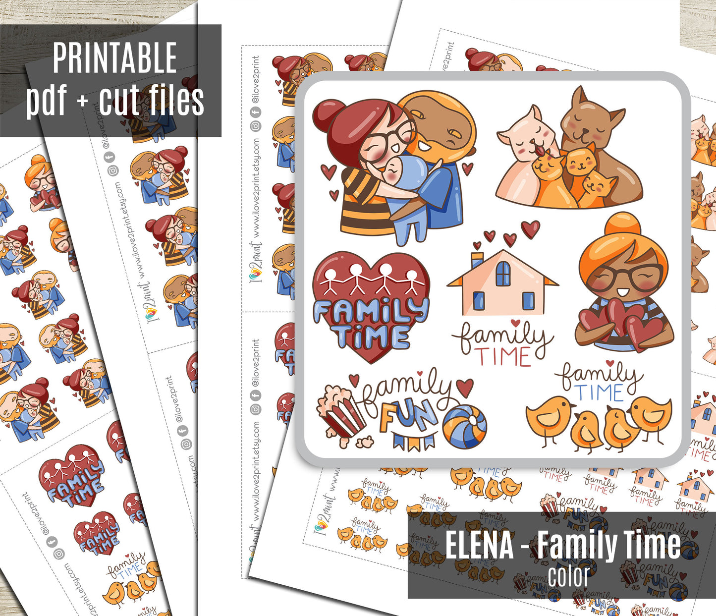 Elena Family Time – COLOR Printable Planner Stickers – Hug, Love & Family Moments – PDF + Cut Files
