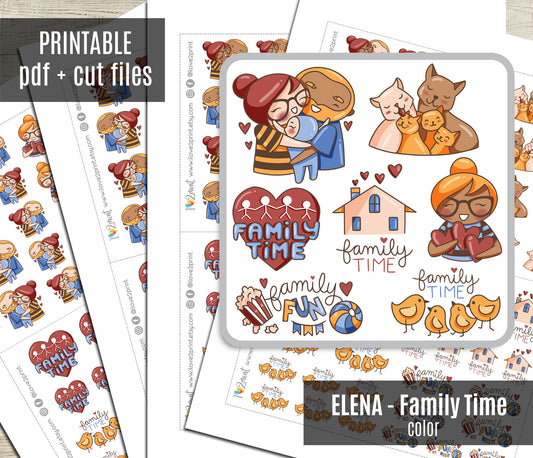 Elena Family Time – COLOR Printable Planner Stickers – Hug, Love & Family Moments – PDF + Cut Files