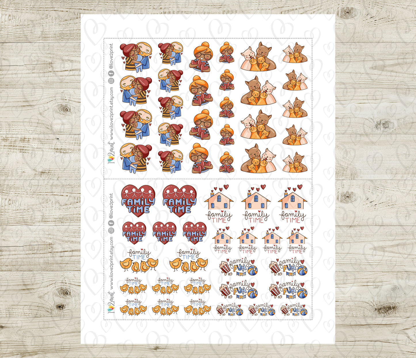 Elena Family Time – COLOR Printable Planner Stickers – Hug, Love & Family Moments – PDF + Cut Files