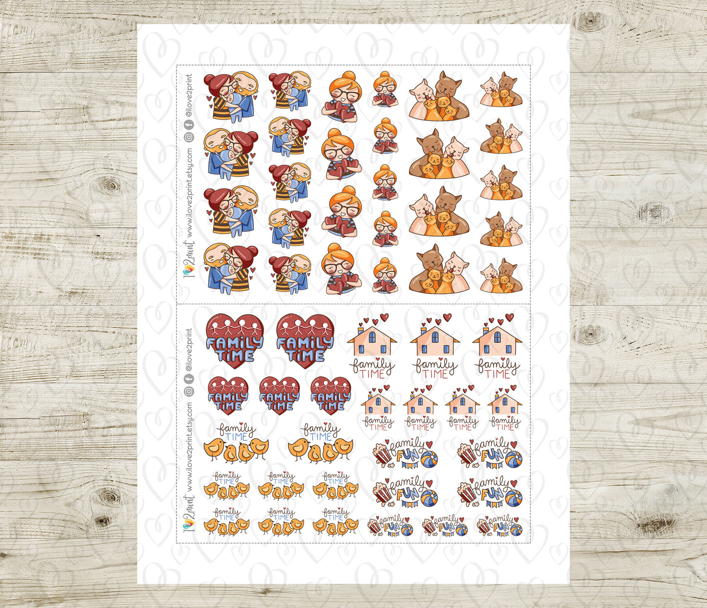 Elena Family Time – COLOR Printable Planner Stickers – Hug, Love & Family Moments – PDF + Cut Files