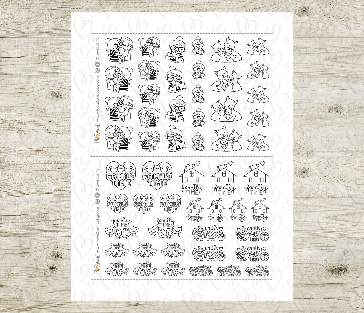 Elena Family Time – DOODLE Printable Planner Stickers – Hug, Love & Family Moments – PDF + Cut Files
