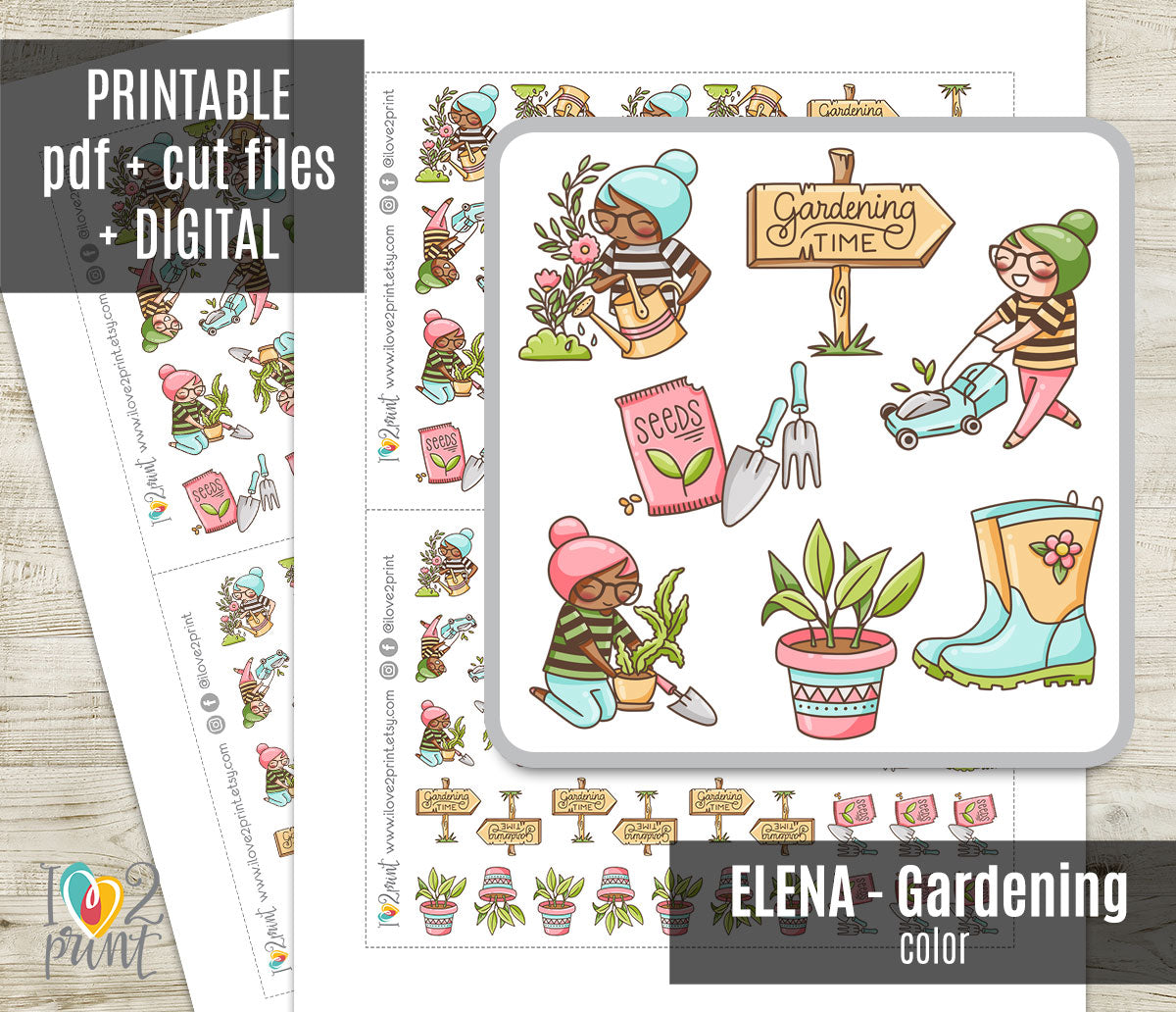 Elena Gardening Color Printable Stickers | 2 Skin Tones Plants | 2 Sizes | PDF Cut Files