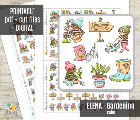 Elena Gardening Color Printable Stickers | 2 Skin Tones Plants | 2 Sizes | PDF Cut Files
