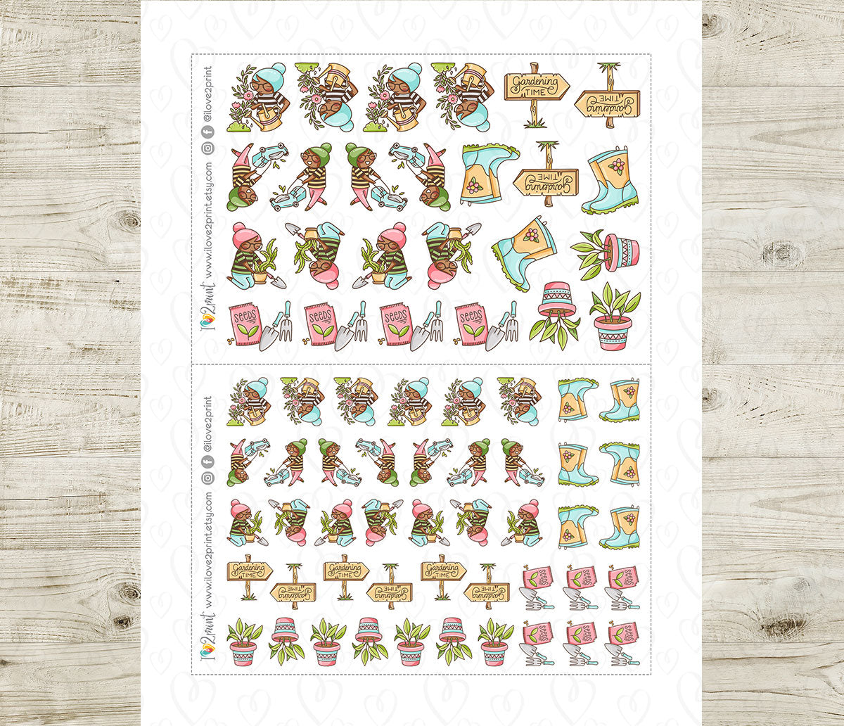 Elena Gardening Color Printable Stickers | 2 Skin Tones Plants | 2 Sizes | PDF Cut Files