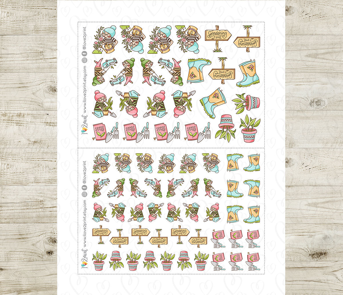 Elena Gardening Color Printable Stickers | 2 Skin Tones Plants | 2 Sizes | PDF Cut Files