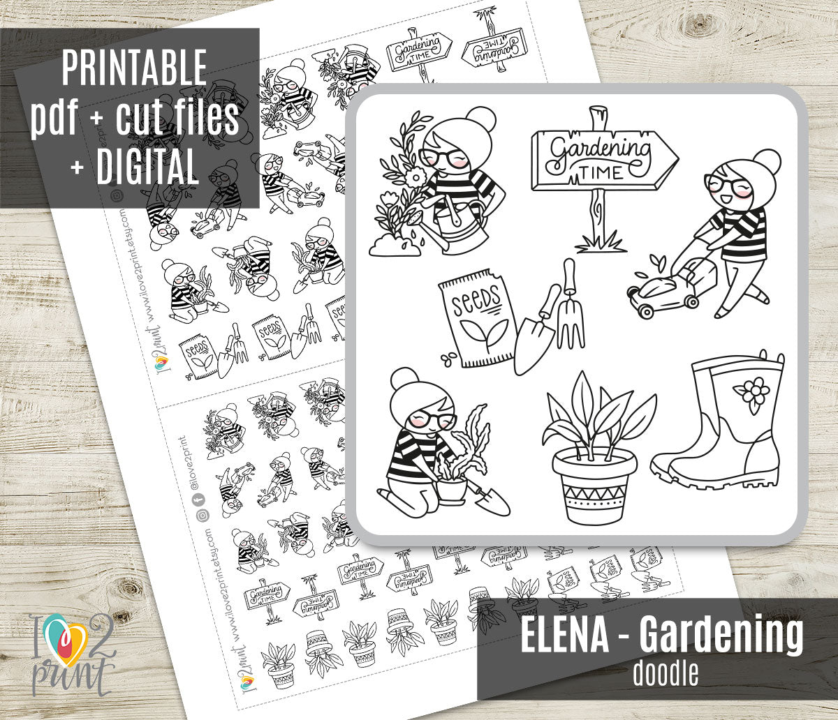 Elena Gardening Doodle Printable Planner Stickers | Outline Plants | 2 Sizes | PDF Cut Files