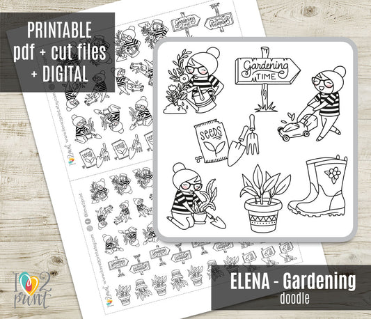 Elena Gardening Doodle Printable Planner Stickers | Outline Plants | 2 Sizes | PDF Cut Files