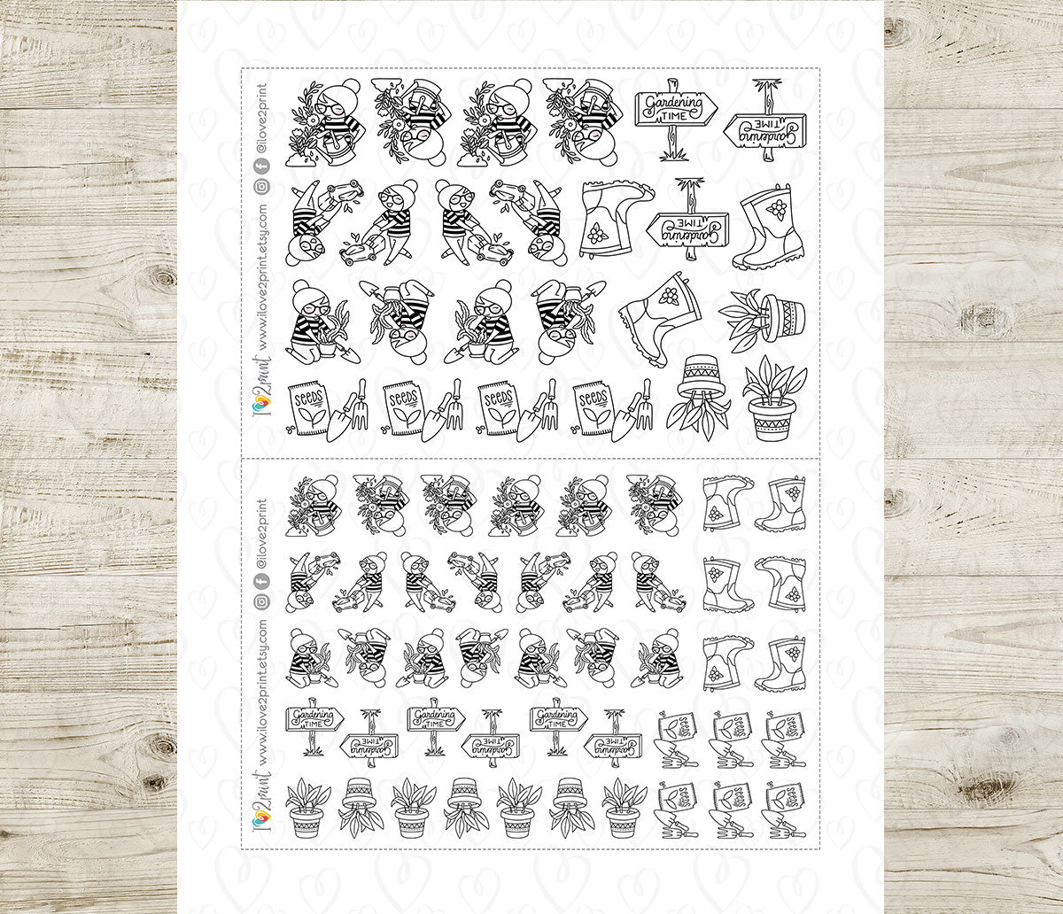 Elena Gardening Doodle Printable Planner Stickers | Outline Plants | 2 Sizes | PDF Cut Files