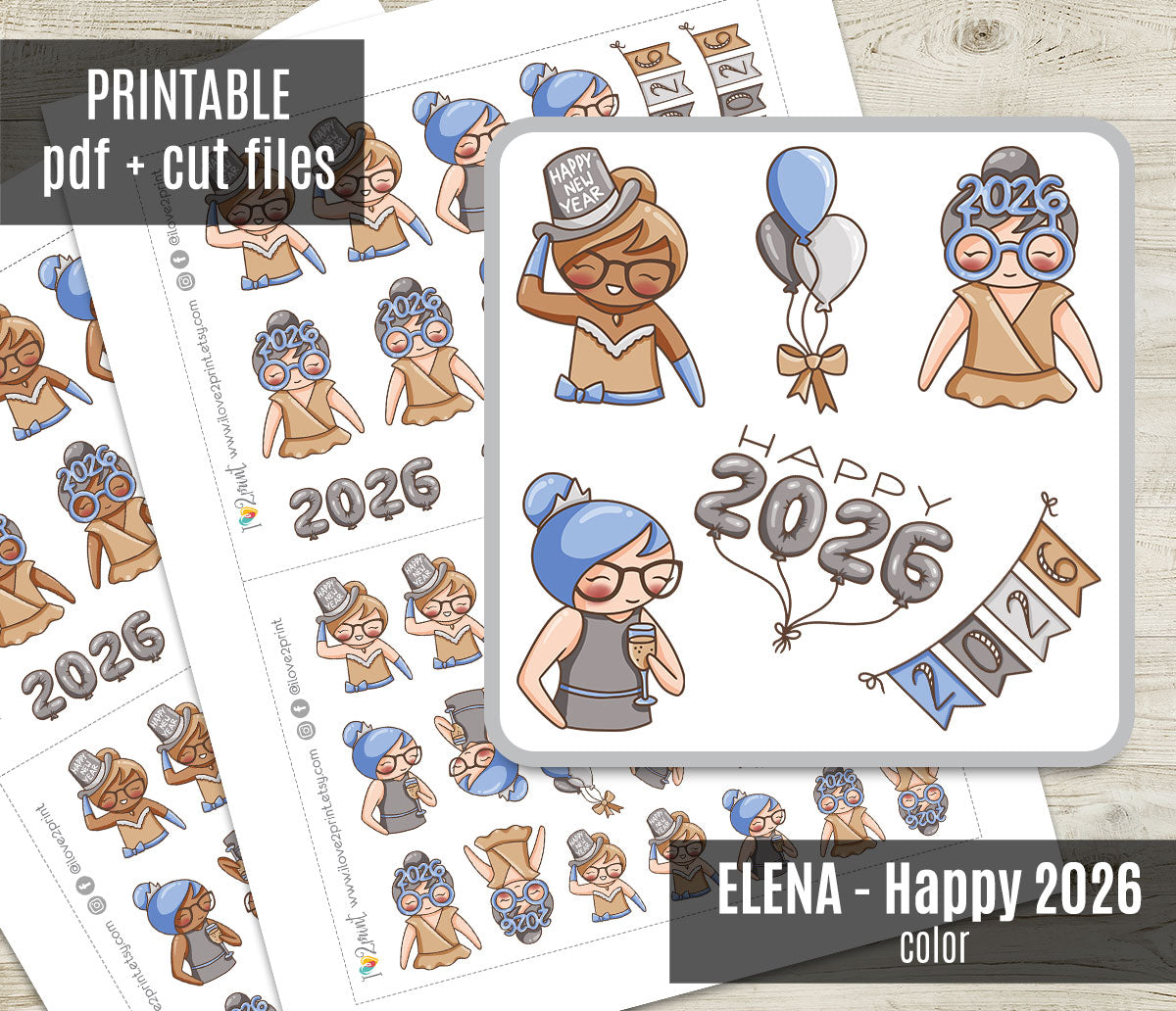 Elena Happy 2026 – Color Printable Planner Stickers – PDF & Cut Files – Instant Download