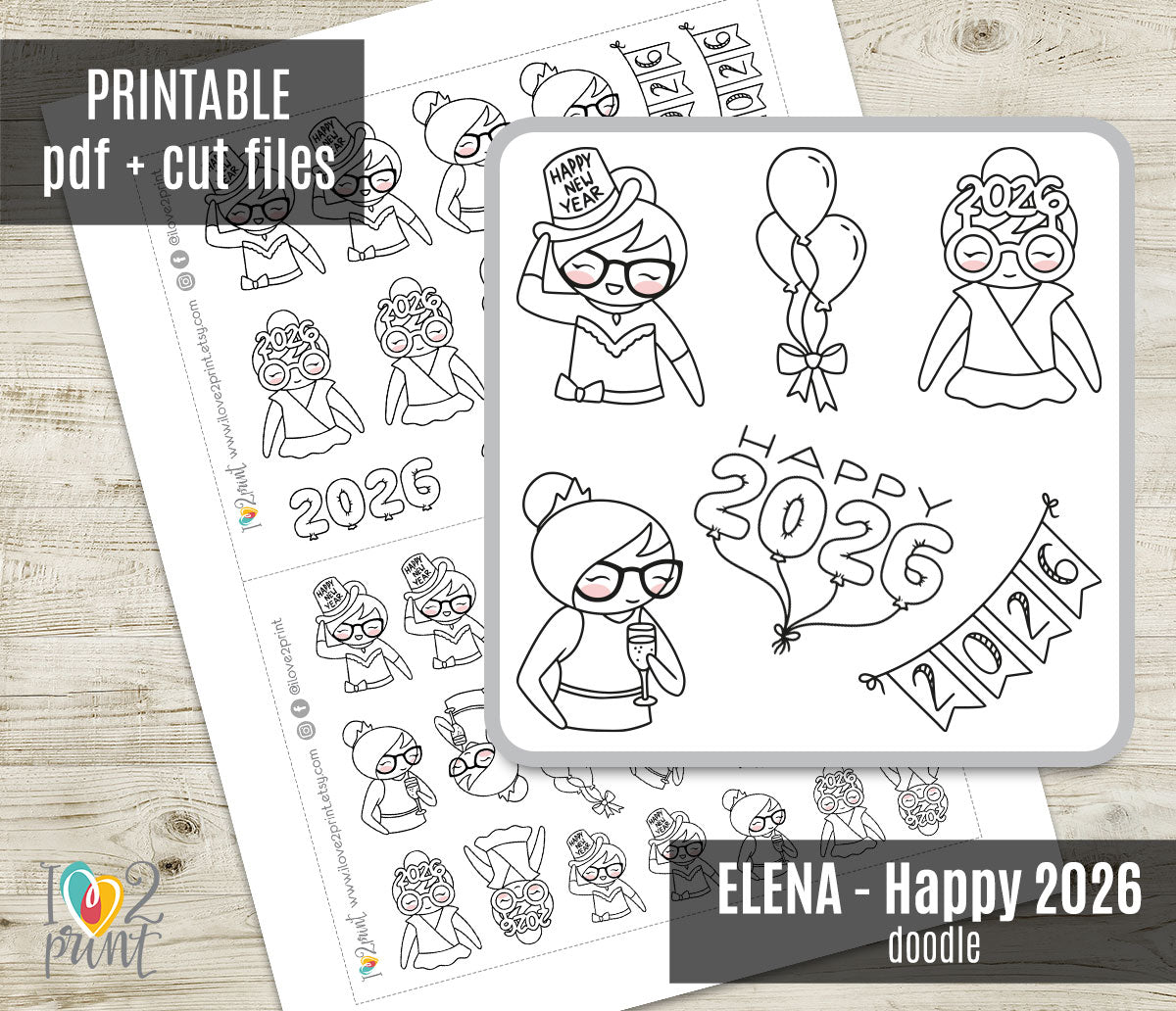 Elena Happy 2026 – Doodle Printable Planner Stickers – PDF & Cut Files – Instant Download