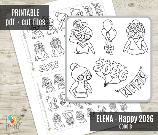 Elena Happy 2026 – Doodle Printable Planner Stickers – PDF & Cut Files – Instant Download