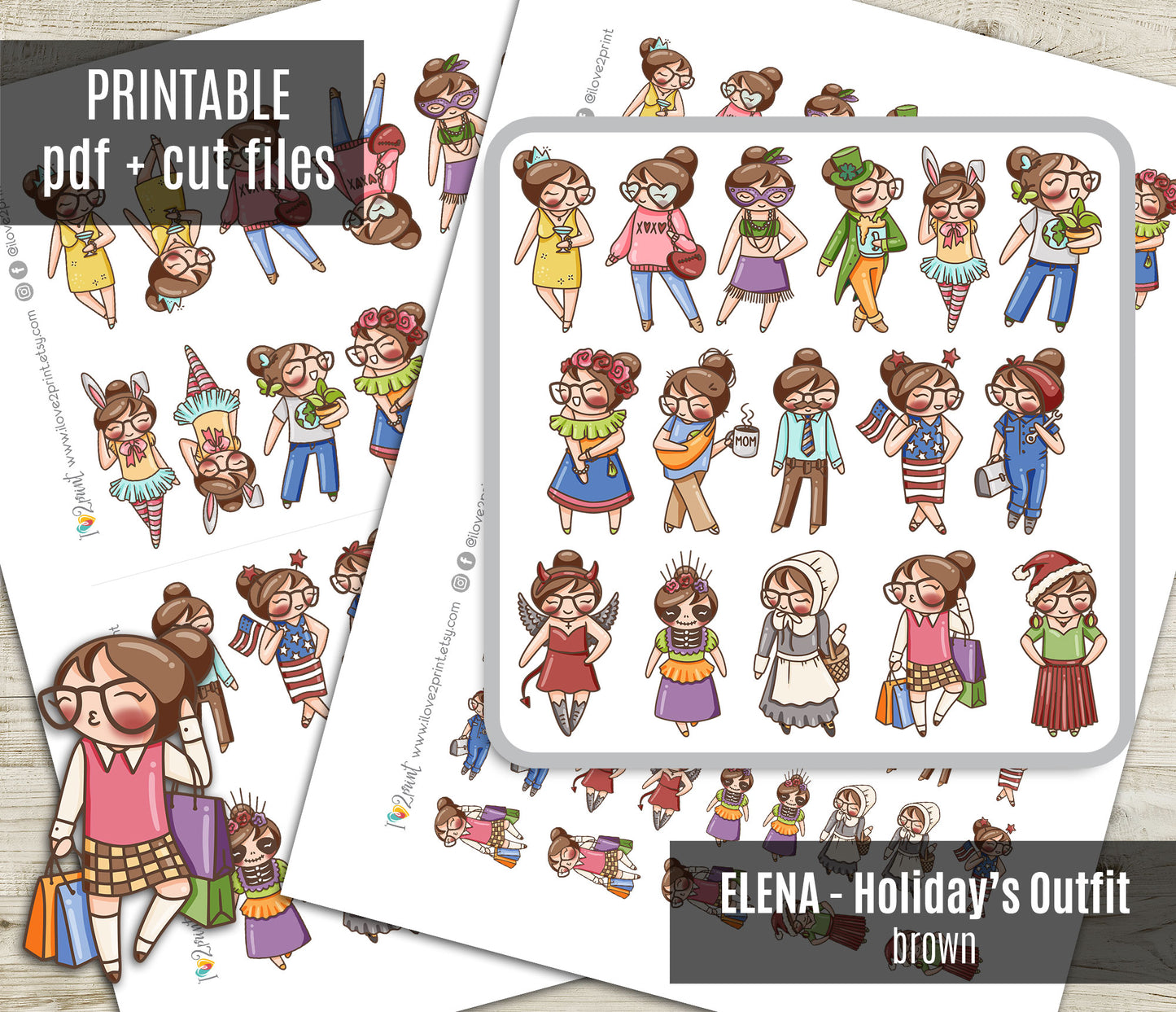 Holidays Outfit - Elena Planner Girl – Light Skin, Brown Hair Printable Stickers – General Holidays – PDF & Cut Files