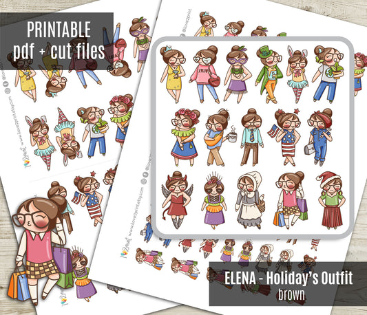 Holidays Outfit - Elena Planner Girl – Light Skin, Brown Hair Printable Stickers – General Holidays – PDF & Cut Files