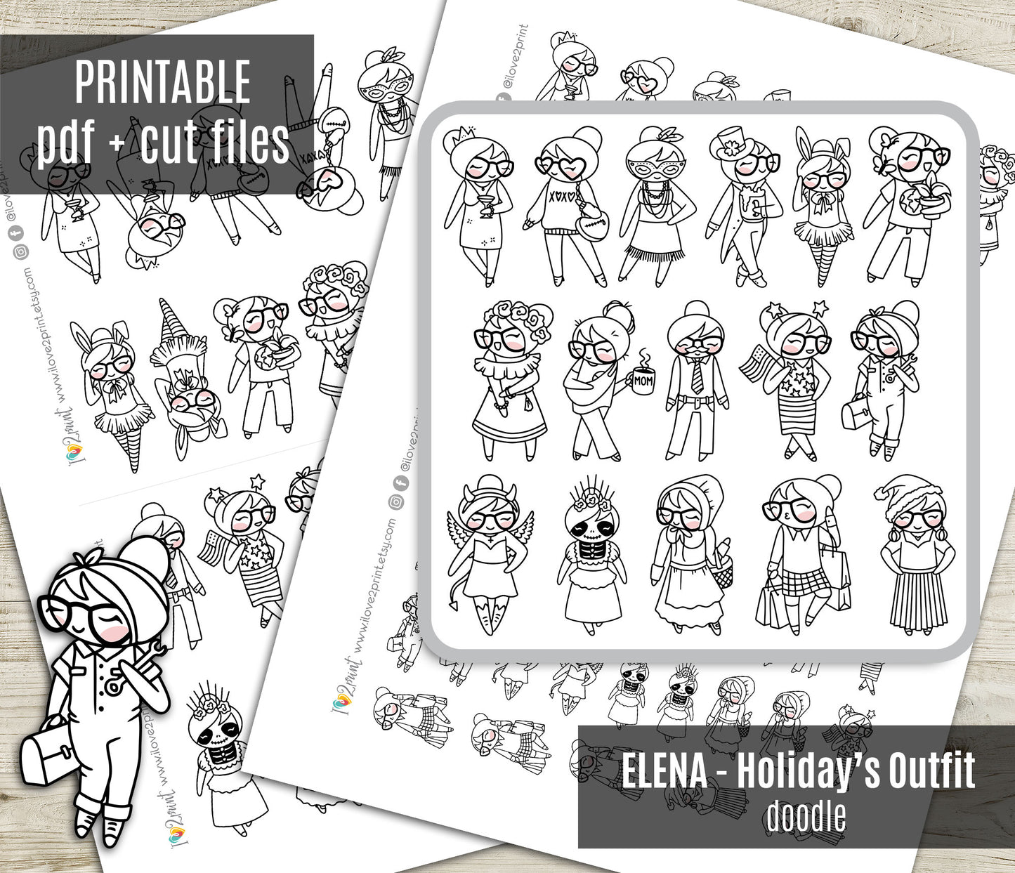 Holidays Outfit - Elena Planner Girl – DOODLE Printable Stickers – General Holidays – PDF & Cut Files