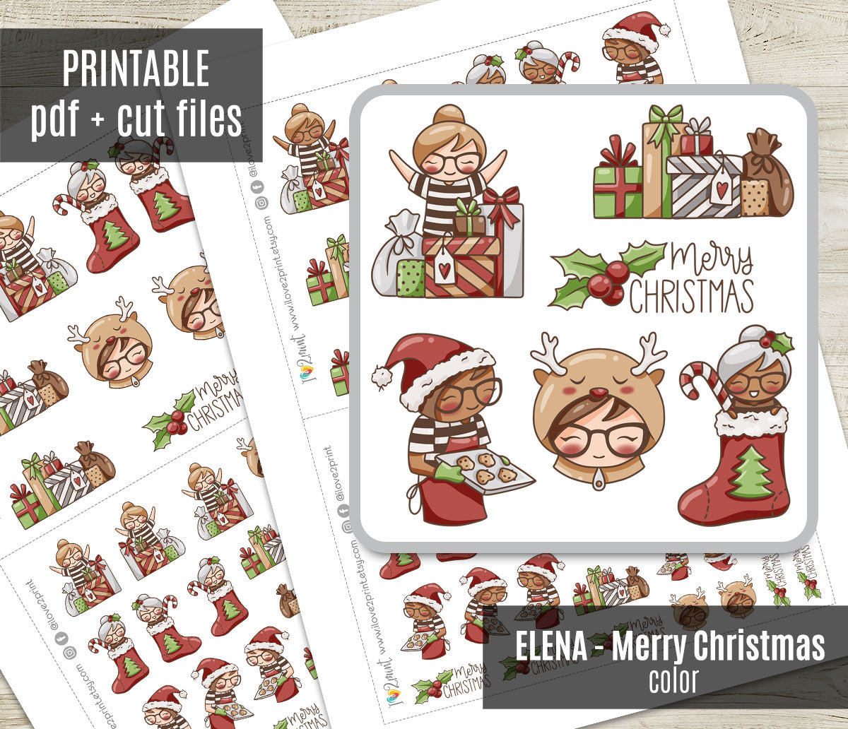 Elena Merry Christmas – COLOR Printable Planner Stickers – PDF & Cut Files – Instant Download