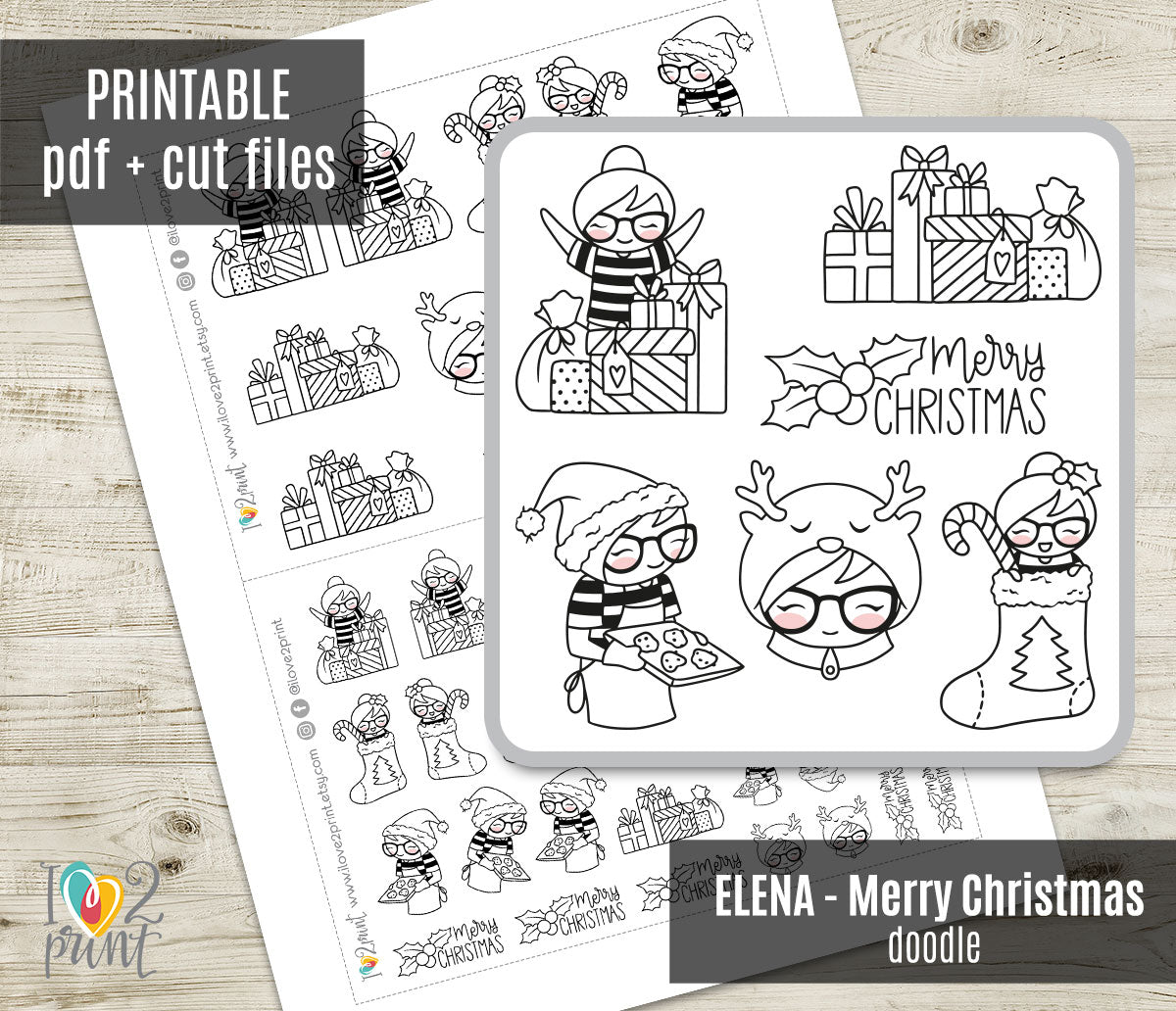 Elena Merry Christmas – DOODLE Printable Planner Stickers – PDF & Cut Files – Instant Download