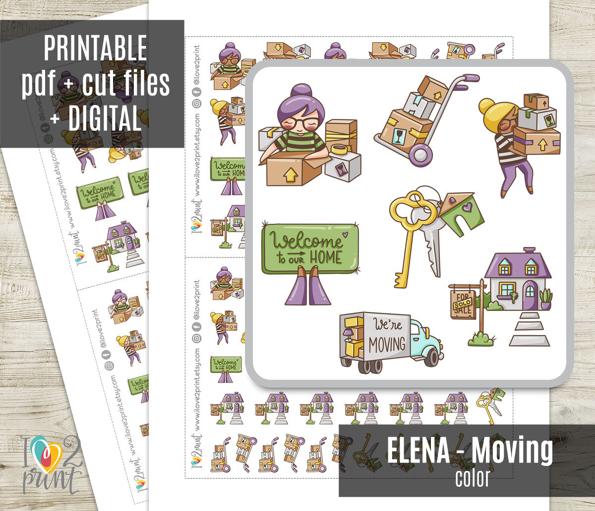 Elena Moving Color Printable Stickers | 2 Skin Tones Relocation | 2 Sizes | PDF Cut Files