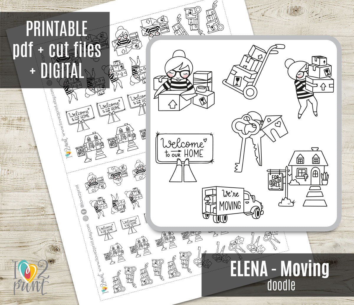 Elena Moving Doodle Printable Planner Stickers | Outline Relocation | 2 Sizes | PDF Cut Files