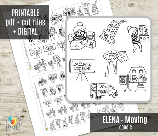 Elena Moving Doodle Printable Planner Stickers | Outline Relocation | 2 Sizes | PDF Cut Files