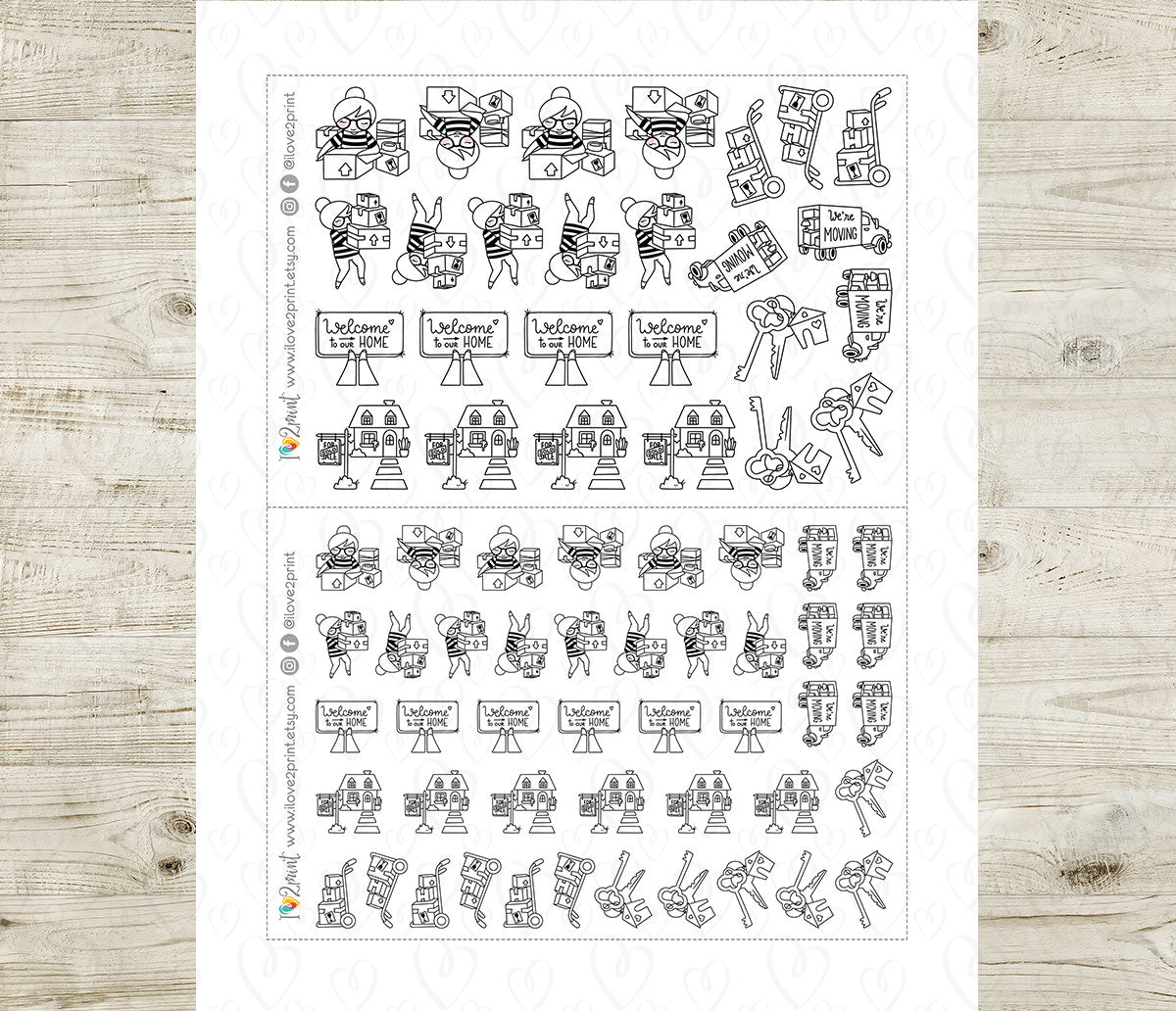 Elena Moving Doodle Printable Planner Stickers | Outline Relocation | 2 Sizes | PDF Cut Files