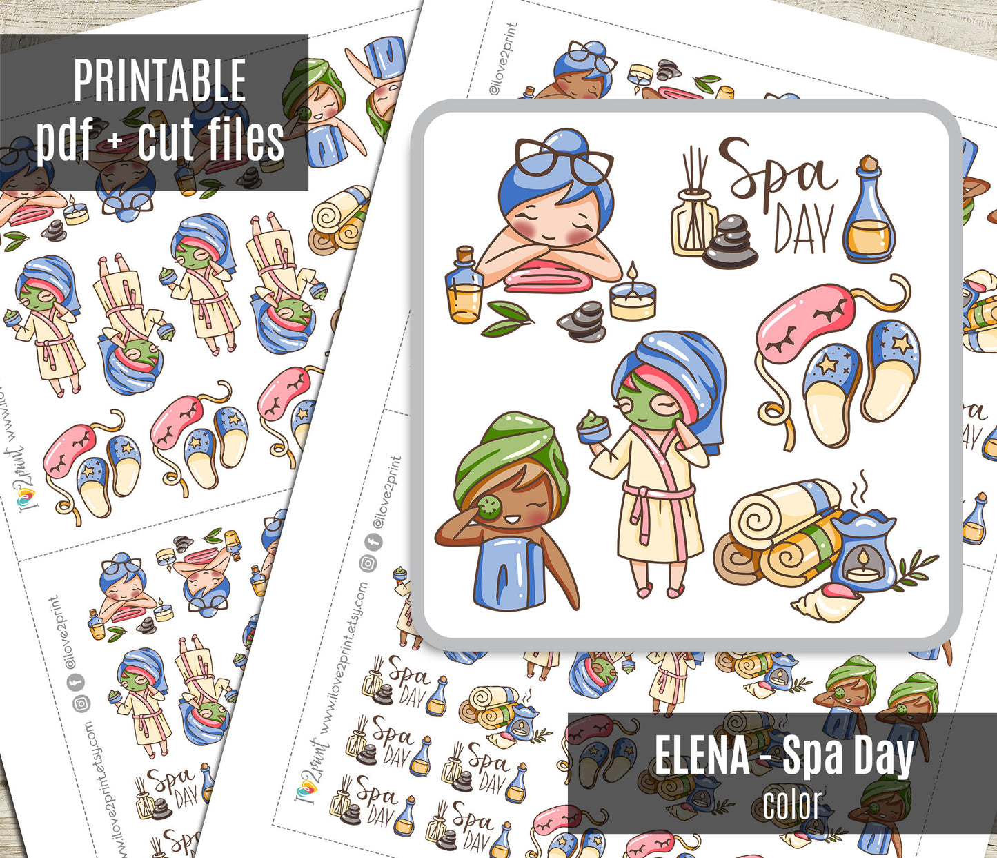 Elena Spa Day Color Printable Stickers | 2 Skin Tones Relaxation | 2 Sizes | PDF Cut Files