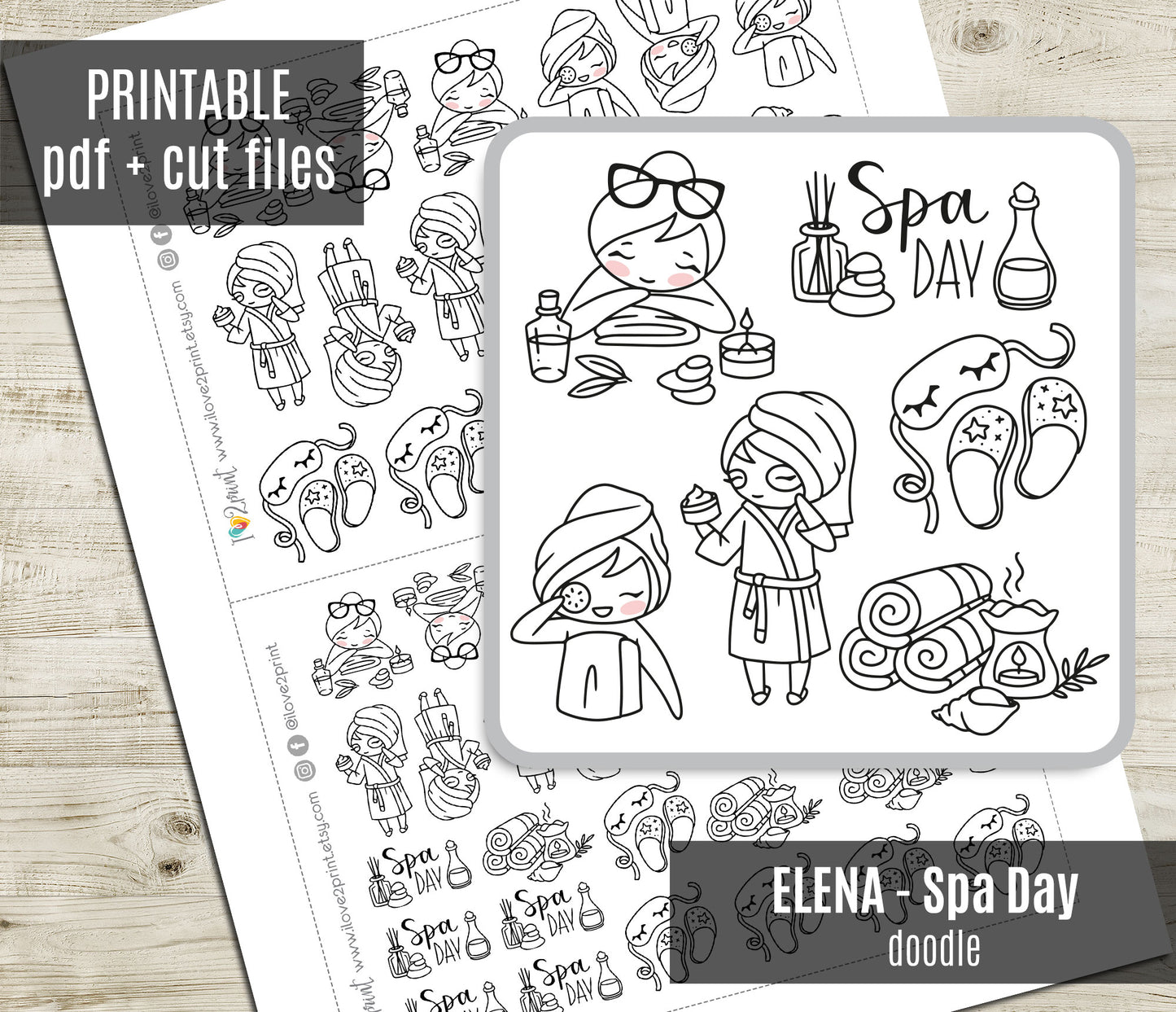 Elena Spa Day Doodle Printable Planner Stickers | Outline Relaxation | 2 Sizes | PDF Cut Files