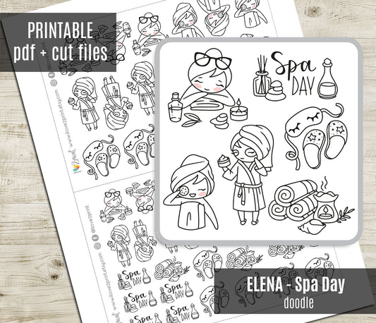 Elena Spa Day Doodle Printable Planner Stickers | Outline Relaxation | 2 Sizes | PDF Cut Files