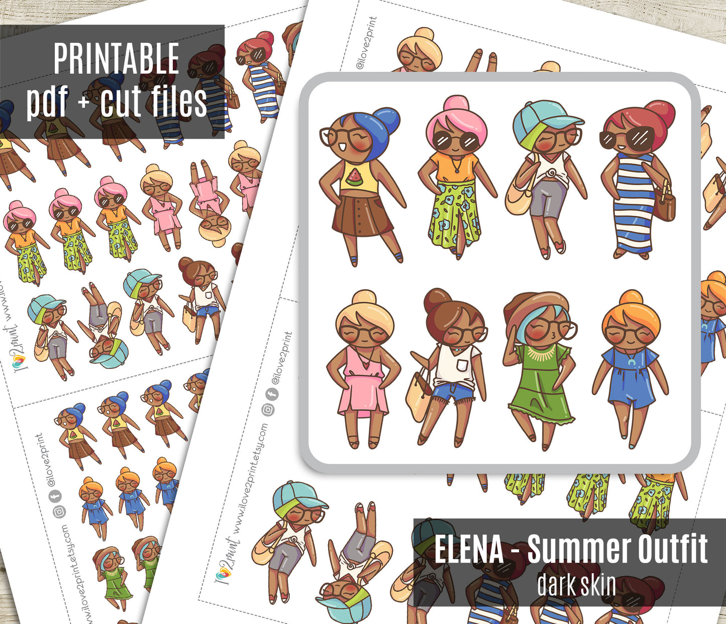 Elena Summer Outfit Brown Skin Printable Stickers | 8 Fashion Styles | PDF Cut Files | Instant Download