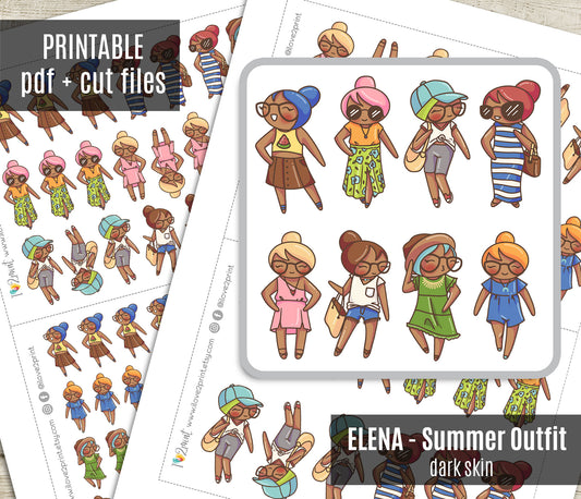 Elena Summer Outfit Brown Skin Printable Stickers | 8 Fashion Styles | PDF Cut Files | Instant Download